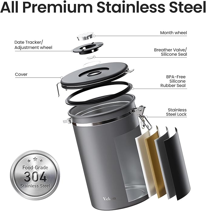 Veken Coffee Canister, 39OZ Large, Airtight Stainless Steel Food Storage Container for 2.2lbs Coffee Beans, Ground, Sugar, Tea, Flour, Rice, Cereal, Cookies Jars, Bar Accessories & Gifts, Gray
