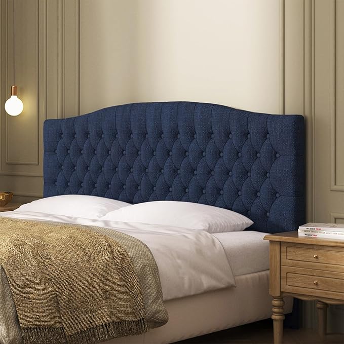 Linen Upholstered Headboard King/Cal King Size Latest Model Wall Mount, Bed Frame Mount, Featuring High-Density Sponge Padding, Luxury Texture Easy Assembly Comfort and Style-Navy Blue