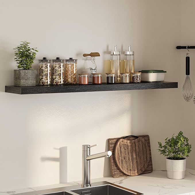 Floating Shelves for Wall, 55"W x 9.3"D x 1.5"H, Long Wooden Wall Mounted Display Shelves with Invisible Brackets for Living Room, Bedroom, Bathroom, Kitchen Decor and Storage, Set of 1, Black
