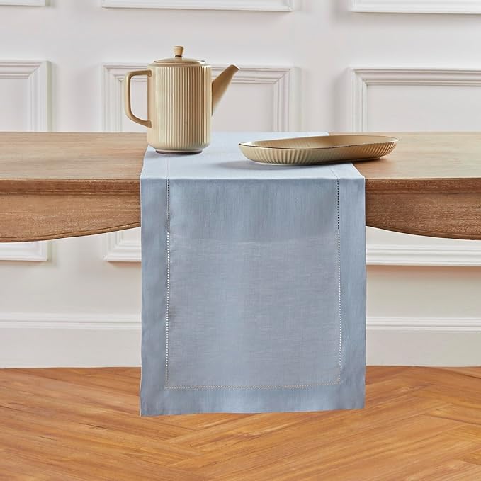 Solino Home Linen Dusty Blue Table Runner 90 Inches Long - 100% Pure Linen Hemstitch 14 x 90 Inch Table Runner for Dining, Fall, Autumn, Thanksgiving - Classic Hemstitch