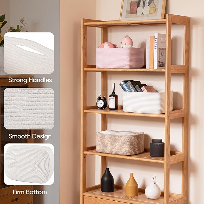 OIAHOMY 4 Pack 14.17*11.02*6.3IN Storage Baskets for Organizing Shelves, Woven Rope Baskets for Organizing Books, Clothes, Decorative Basket for Living Room, Nursery, Bedroom, Gift Basket, White
