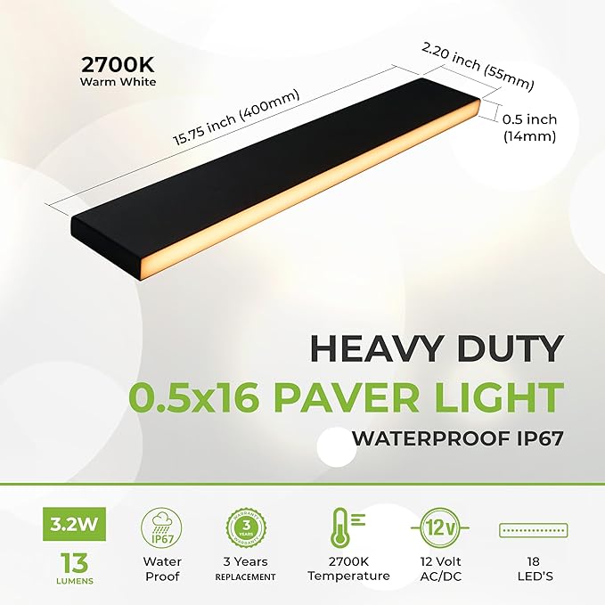 LUMENGY Paver Light Slim 0.5x16 Inch Glare-Free 2700K Warm White, Steel Brick Lighting for Pavers, Walls, Driveway & Pathway Borders, Waterproof IP67, 12V AC/DC Drive-Over Rated