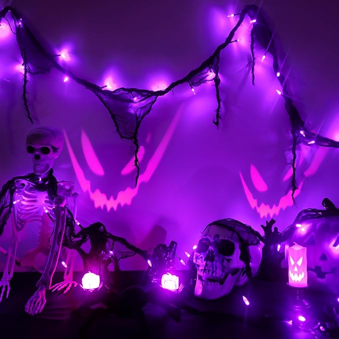 Halloween Horror Atmosphere Lights, Orange&Purple LED String Lights with 9.9FT Creepy Black Gauze, Battery Powered with Timer & 8 Flashing Modes (Purple)