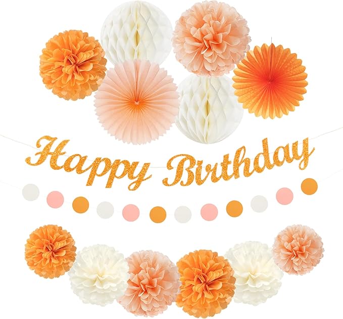 Orange Hippie Birthday Party-Decorations Paper-Flowers - 14pcs Happy Banner Fall Honeycomb Tissue Pom Poms,Boho Streamers Garland Fans,Sweet Peach Groovy Sunset Groovy Hanging Supplies Decor Hugfond