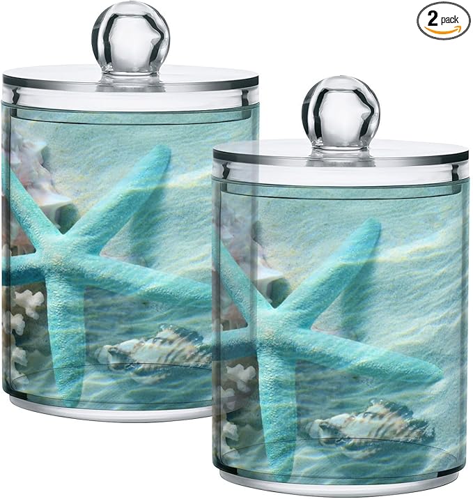 2 Pack Qtip Holder Organizer Dispenser Seashell Starfish Summer Beach Bathroom Storage Canister Cotton Ball Holder Container for Cotton Swabs/Pads/Floss