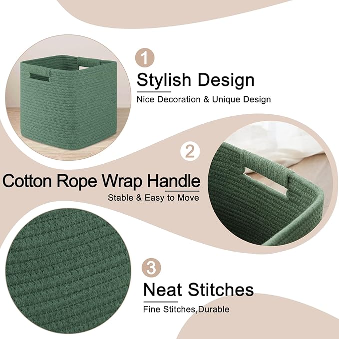 OIAHOMY Storage Cubes 11 Inch Storage Bins-3 Pack, Cotton Rope Woven Baskets for Organizing, Square Baskets for Shelves Organizer, Classroom, Toy Basket, Green
