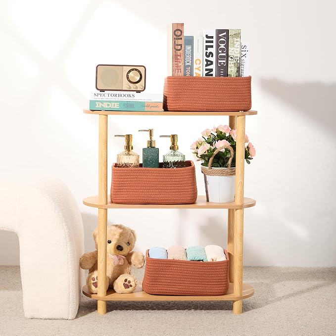 Small Storage Baskets for Organizing | Closet Organizer Bins | Shelf Toy Basket | Woven Rope Baskets | Cube Decorative Box | Shallow Basket | 11.5x7.5x4.7” | 4 Packs Oxide Red