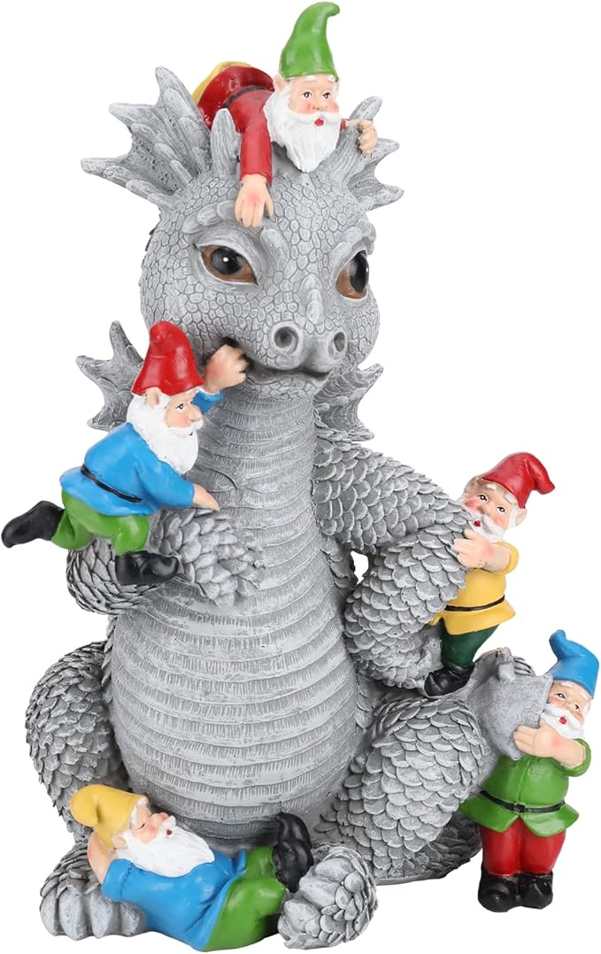 Dragon Gnome Statues Outdoor Decor, 13” Dinosaur Play with Gnomes Garden Statue, Outdoor Statue for All Season Lawn Decor, Garden Decoration, Gardening Gift