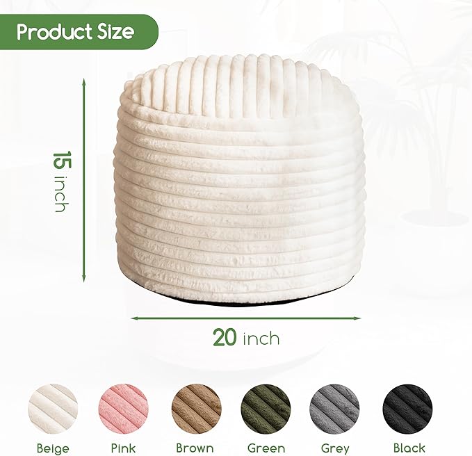 HIGOGOGO Round Stuffed Pouf Ottoman, Stripe Faux Fur Poufs with Foam Chunk Filling, Furry and Fluffy Pouf Foot Stool Storage Ottoman, 20 X 15 Floor Poufs Foot Rest for Living Room, Beige