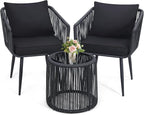 Kromax 3 Pieces Patio Rattan Bistro Conversation Set, Outdoor All-Weather Wicker Furniture Chairs and Side Table Set Ideal for Balcony, Porch and Backyard, Black