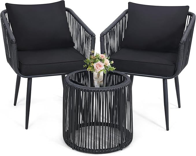Kromax 3 Pieces Patio Rattan Bistro Conversation Set, Outdoor All-Weather Wicker Furniture Chairs and Side Table Set Ideal for Balcony, Porch and Backyard, Black