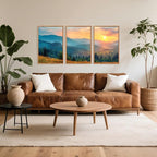 Aurlan Boho Mountain Sunset Landscape Framed Wall Art(16"x24"), 3PCS Green Blue Ridge Grand Teton National Park Canvas Artwork, Abstract Modern Watercolor Nature Forest Scenery Decor for Home Office Bedroom