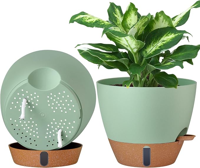 montresor 2 Pack 10 inch Plant Pots, PP Plastic Self Watering Planter with Drainage and Tray for Indoor Outdoor Plants, Water Level Window & Reservoir Flower Pots Decorative Planter (Green)