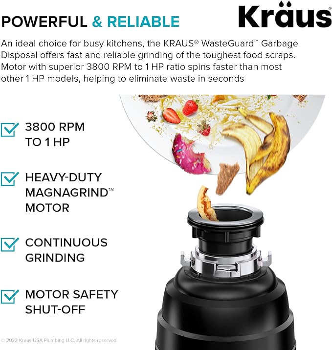 KRAUS WasteGuard 1 HP Ultra-Quiet Garbage Disposal with Quick Connect, Kitchen Sink Drain Cover, Power Cord and Flange Included, KWD100-100MBL
