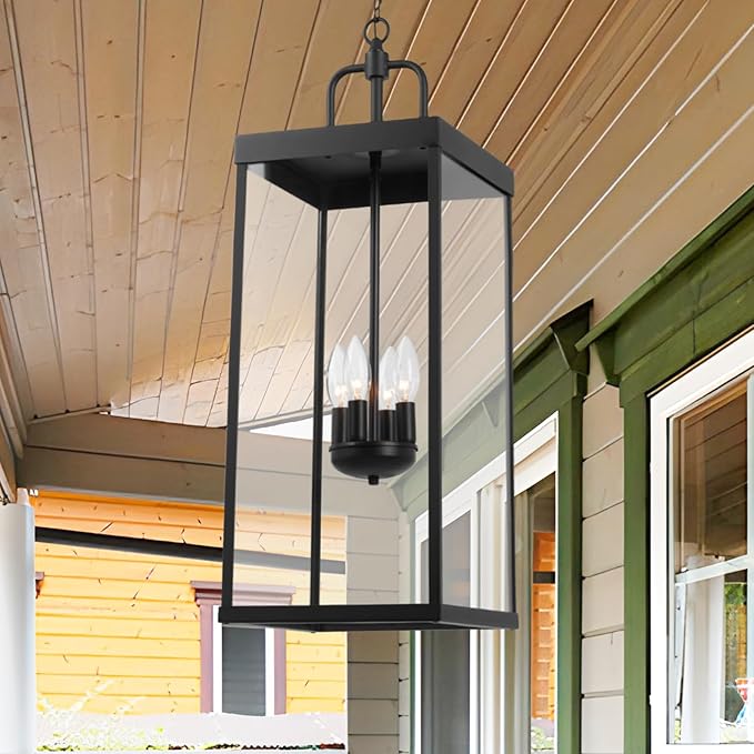 Large Outdoor Pendant Lantern Light Fixture for Front Porch, 28 Inch 4-Light Black Exterior Hanging Chandelier with Clear Glass, Outdoor Indoor Pendant Lamp for Patio, Gazebo, Entryway, Doorway