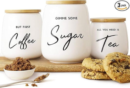 Coffee Tea and Sugar Ceramic Canister Set - 3-Piece Airtight Kitchen Canisters for Countertop - Coffee Bar Container Set