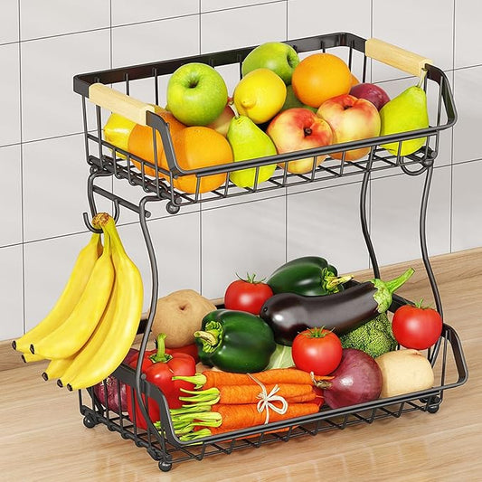 2 Tier Fruit Basket with 2 Banana Hangers, Detachable Countertop Fruit Bowls for Kitchen Counter, Metal Wire Fruit Vegetable Storage Holder Stand with Wooden Handles for Bread, Snacks, Veggies
