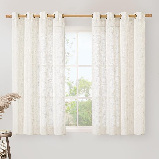 LAMIT Linen Semi Sheer Curtains 45 Inch Length, Cream Light Filtering Short Linen Neutral Decorative Window Curtains with Bronze Grommet for Bedroom/Farmhouse, 2 Panels Set, 52 x 45 Inch