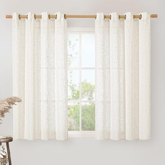 LAMIT 54 Inch Length Linen Curtains for Bedroom, Light Filtering Window Curtains Farmhouse Boho Bronze Grommet Panels for Living Room, Cream, 2 Panels Set, 52 x 54 Inch