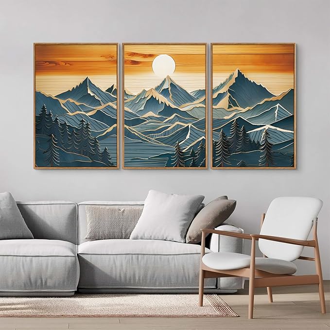 Tinonedraw Vintage Mountain Framed Canvas Wall Art Set of 3, Boho Nature Wilderness Art Prints, Mid Century Modern Ridge Scenery Wall Decor, Sunrise Forest Woodcut Style Art Paintings for Living Room Bedroom, Office 16"x24"