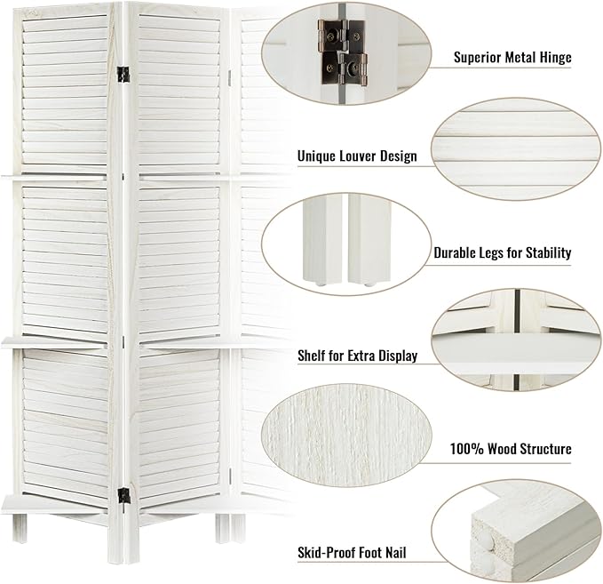 Room Divider with Shelves, Privacy Screen, Room Dividers and Folding Privacy Screens, 6 Panel Wood Temporary Wall Partition Separation Separator, White