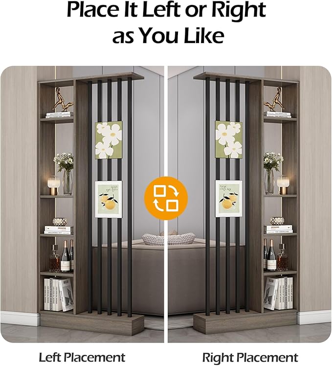 Wall Room Divider, Storage Cabinet Storage Display with Shelves, Modern Freestanding Wood Room Divider Screen, Wall Privacy Screens for Home Decorative (Grey Oak+Black,55" L x 9.5" W x 79.5" H)