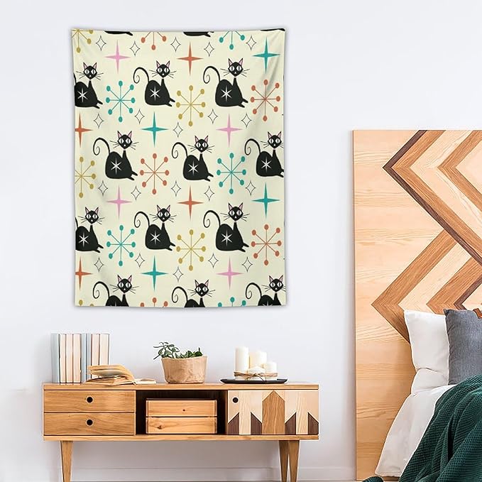 ICMOLYYENLO Abstract Cat Tapestry, Medieval Abstract Atomic Star Cat Vintage Home Wall Hanging Art Tapestry for Bedroom Living Room Dormitory 60x60 Inch