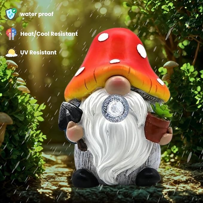 Solar Mushroom Gnomes Garden Statues Outdoor Decor with Night Glow,Cute Fairy Garden Statues for Yard,Pathway,Lawn Art Ornamen,Spring,Easter,Birthday Christmas Women Mom Gift Idea (Red)
