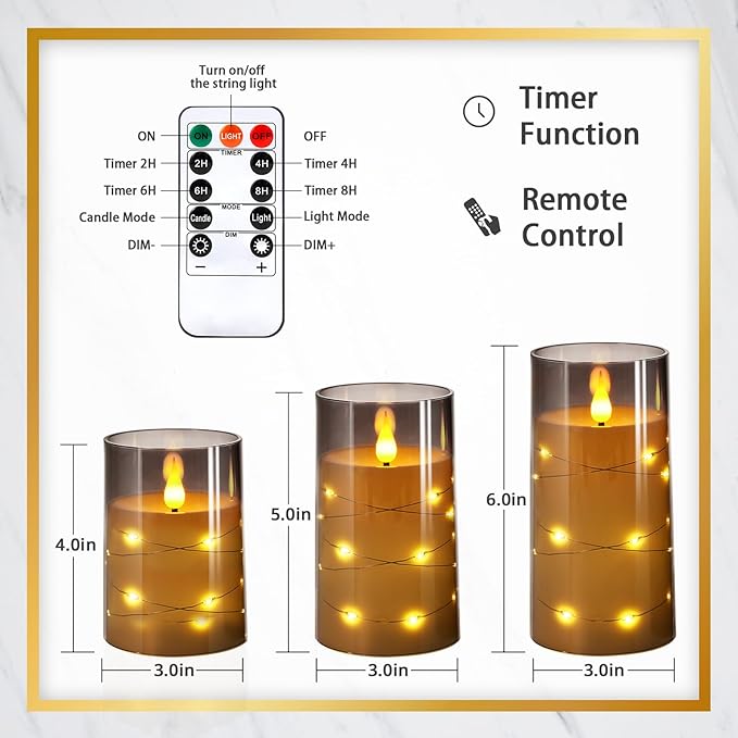 NURADA Flickering Flameless Candles: Built-in Star String Lights Unbreakable 3D Wick Acrylic Battery Operated LED Pillar Candles with Remote and Timer for Romantic Mood Home Decoration - 3 Pack Gray
