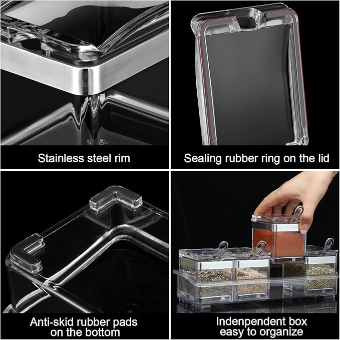 2 Set Acrylic Seasoning Organizer Box 8 Pcs Clear Seasoning Rack Spice Pots Condiments Containers with Lids and Spoons Storage Container Spice Jar for Salt Sugar Cruet Kitchen Cooking Organizer