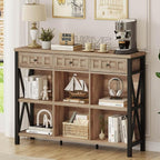 FATORRI Rustic 6 Cube Storage Organizer Shelf with 3 Drawers, Long Horizontal Bookshelf, Industrial Wood and Metal Cubby Bookcase for Living Room (Rustic Oak, 47 Inch)
