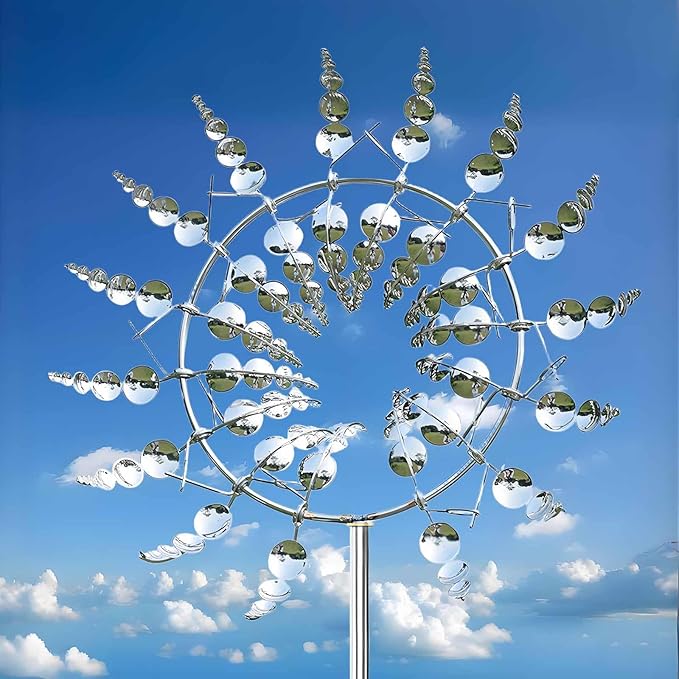Unique and Magical Metal Windmill, 2Pcs Wind Spinners, 3D Wind Powered Kinetic Sculpture, Stainless Steel Wind Spinners, Wind Mill for Yard and Garden (2PCS-Silver)