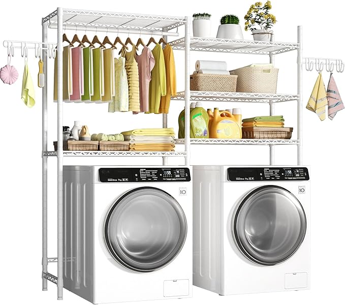 Ulif U5 Over the Washer and Dryer Storage Shelf, Laundry Room Space Saver Bathroom Storage and Organizer Rack for Hanging Towels and Drying Clothes with 5 Wire Shelves, 58.2"W x 13.4"D x 77.5"H, White