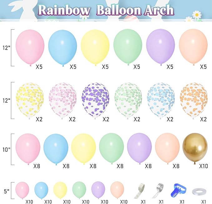 Amandir 164PCS Pastel Balloon Garland Kit, Rainbow Easter Unicorn Balloon Arch, Colorful Gold Confetti Balloons for Pastel Easter Baby Shower Wedding Ice Cream Mermaid Party Decorations Supplies