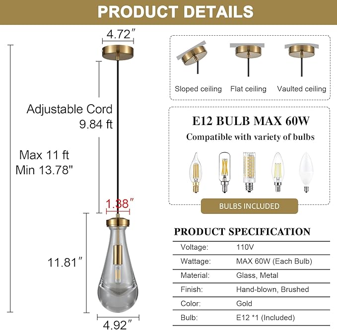 Raindrop Pendant Light, Brass Glass Pendant Lighting, Teardrops Modern Hanging Light for Entryway Foyer Stairway Kitchen Island Bedroom Dining Living Room Hallway