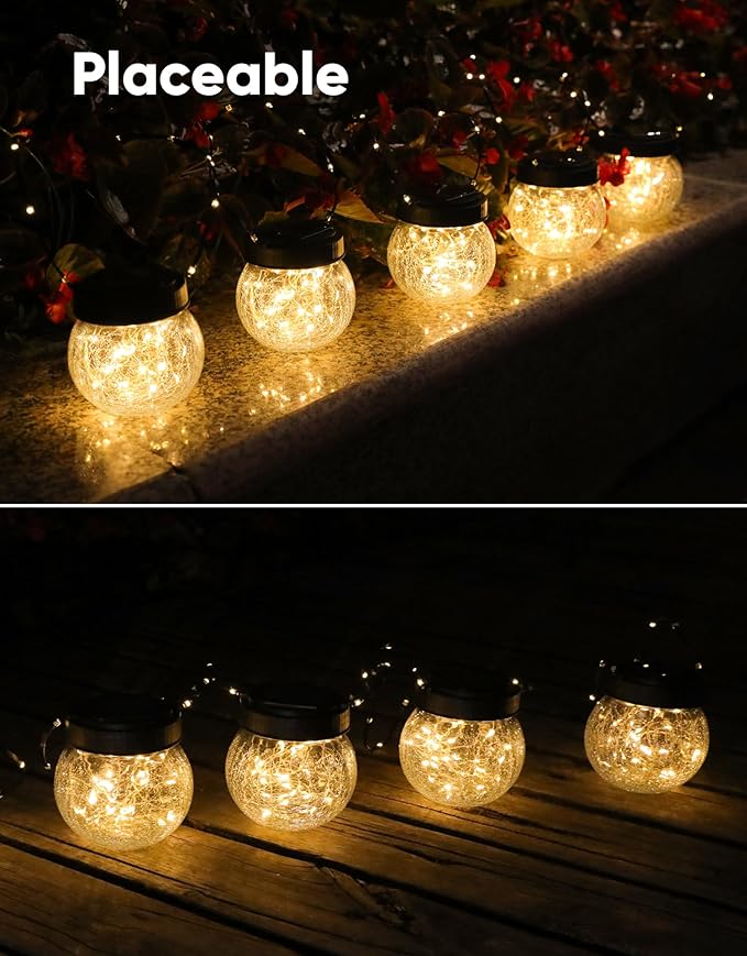 PARTPHONER Solar Lanterns Solar Lights Outdoor Waterproof 18-Pack, Solar Powered Hanging Lights Cracked Glass Hanging Globes for Christmas Decoration, Shepherd Hook, Garden Tree Ornaments