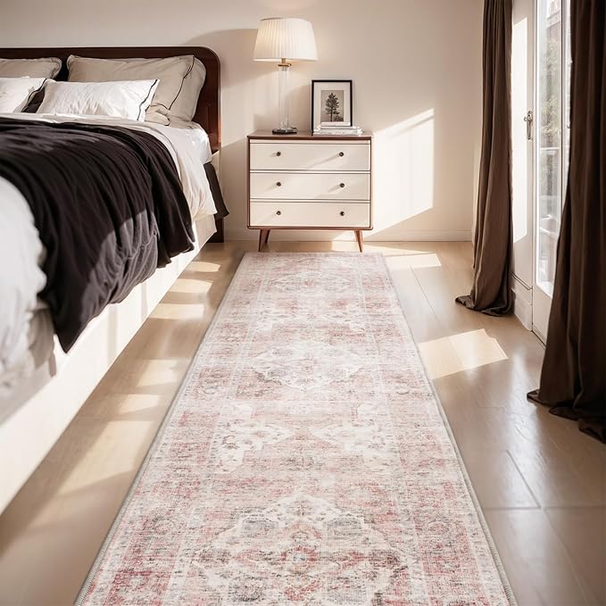 AMOAMI-2X10 Runner Rug-Washable Runners for Hallways-Soft Non Slip Bedside Rugs for Bedroom-Vintage Long Rug for Hallways Entryway Laundry Room Stair Kitchen Bathroom Pink