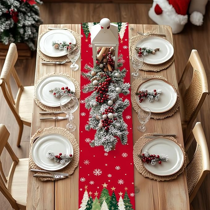GEEORY Christmas Table Runner 13x48 Inch, Xmas Trees Snowflakes Holiday Decorative Farmhouse Table Decoration for Kitchen Dinning, Indoor Outdoor Dinner Party Decor (Red) GT150-48