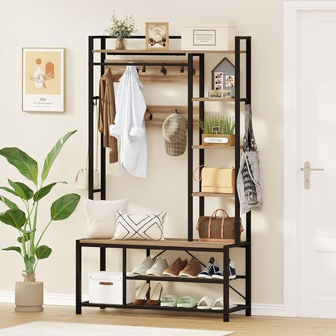 BON AUGURE Farmhouse Hall Tree for Entryway, Mudroom Bench with Shoe Storage, Large Coat Rack Shoe Bench with 5 Tier Open Shelves, Adjustable Side Hooks and Hanging Rod for Foyer (Vintage Oak)