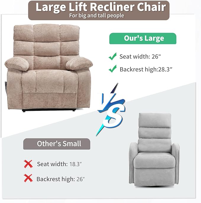 Lay Flat Recliner with Vibration Massage and Lumbar Heating, 26'' Wide Recliner Chair with Infinite Position and 2 Remote Controls, Soft Chenille Lift Recliner for Living Room, Khaki