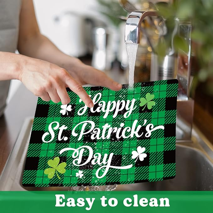 St. Patrick’s Day Placemats Set of 6 Buffalo Plaid Plastic Table Mats Lucky Shamrock Place Mats Blessed Holiday Table Decoration for Indoor Outdoor Party Kitchen Dining