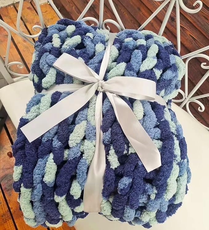 DDL&HEXI Chunky Chenille Blanket 100% Hand Knit with Jumbo Chenille Yarn (50"x60") Super Soft Large Throw Bed Blanket for Couch, Sofa, Home Decor - Machine Washable (03)