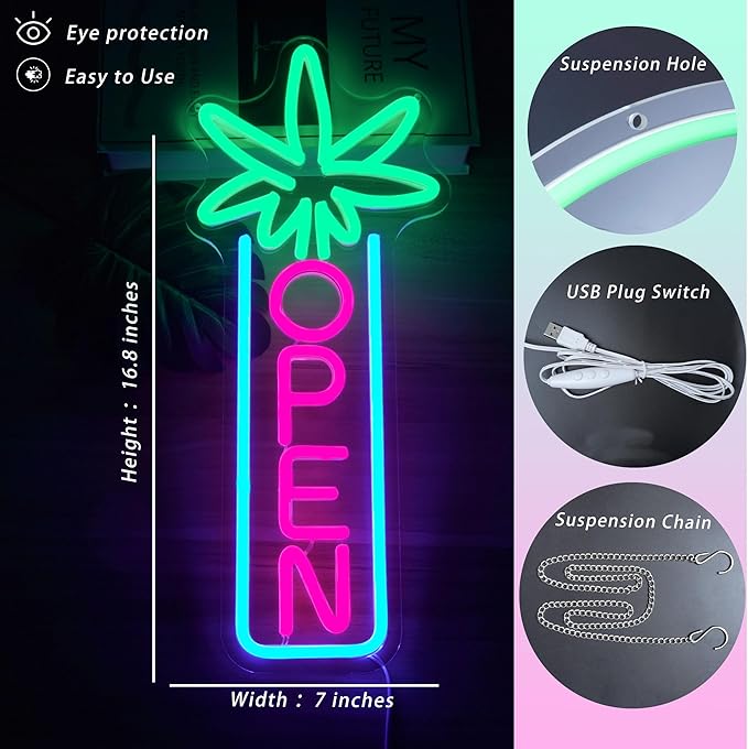 Green Leaf Neon Sign Dimmable Open Neon Lights for Wall Decor LED Neon Sign by USB Powered LED Neon Open Sign For Dispensary Beer Bar Man Cave Coffee Store Hotel Wall Party Decorations 16.8''x7''