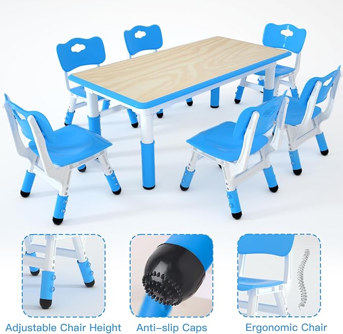 Kids Study Table and 6 Chairs Set,Height Adjustable Table and Chairs for Children and Toddlers,47.2"X23.6"Graffiti Desktop,Suitable for Daycare,Classrooms, Home