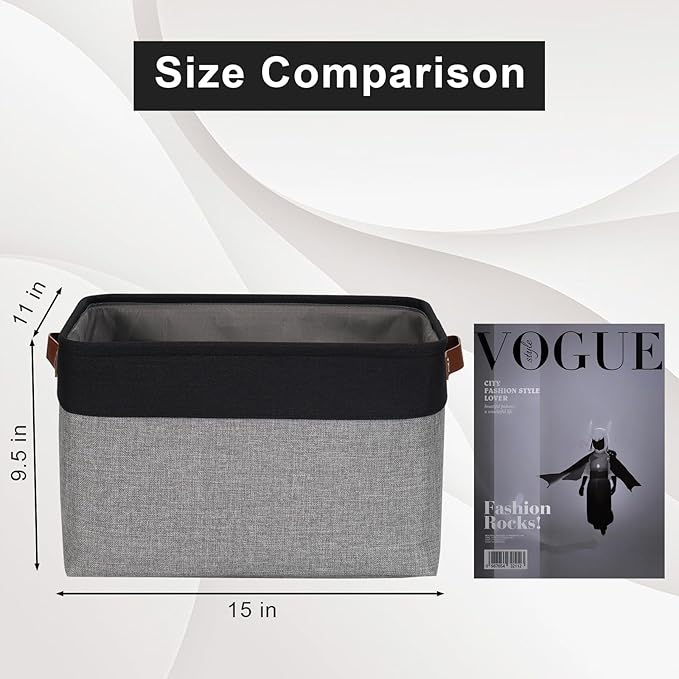Storage Bins Large Fabric Storage Baskets for Shelves 3 Pack, Decorative Linen Closet Baskets with Handles for Organizing, Shelf, Clothes, Home, Office, 15x11x9.5Inches (Grey&Black)