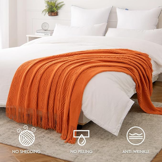 MIULEE Burnt Orange Knitted Throw Blanket for Couch Boho Textured Cozy Woven Blanket with Tassels for Sofa Chair Bed Living Room Fall Home Decor Farmhouse Acrylic Wave Pattern 50"x60"