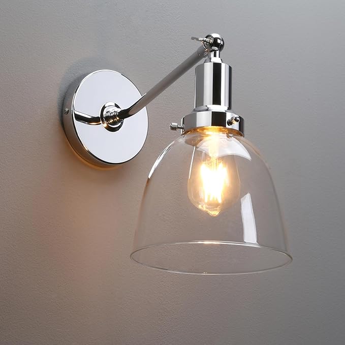 PERMO Industrial Vintage Wall Sconce Chrome Wall Sconce with 6.7" Oval Dome Clear Glass Shade Light Lamp Fixture