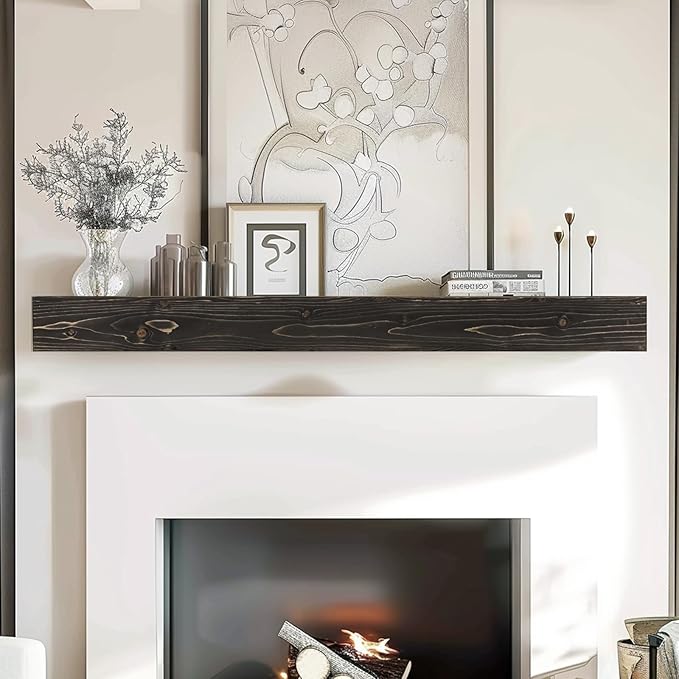 60x8x3 Fireplace Mantel - Handcrafted Hollow Rustic Solid Wood Wall Mounted Floating Shelf with Invisible Heavy Duty Wood Bracket (Weathered Black)