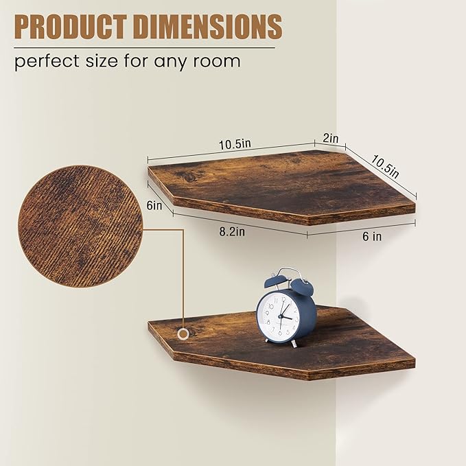 Corner Shelf Wall Mount, Floating Corner Shelves, Set of 4 Corner Wall Shelf Organizer, Rustic Wood Wall Storage Display Shelves for Living Room Bedroom Bathroom Kitchen, Rustic Brown