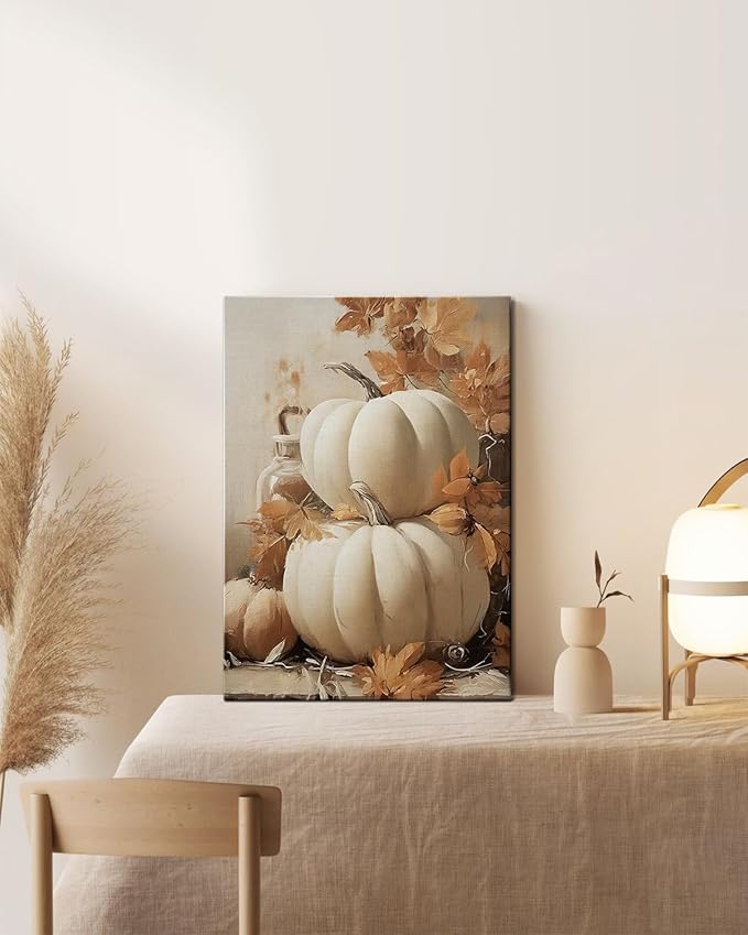 Farmhouse Autumn Pumpkin Wall Art Decor, Rustic Fall Canvas Prints Framed for Living Room Kitchen Dining Room, Thanksgiving Decorations and Cozy Fall Wall Art Picture, Ready to Hang